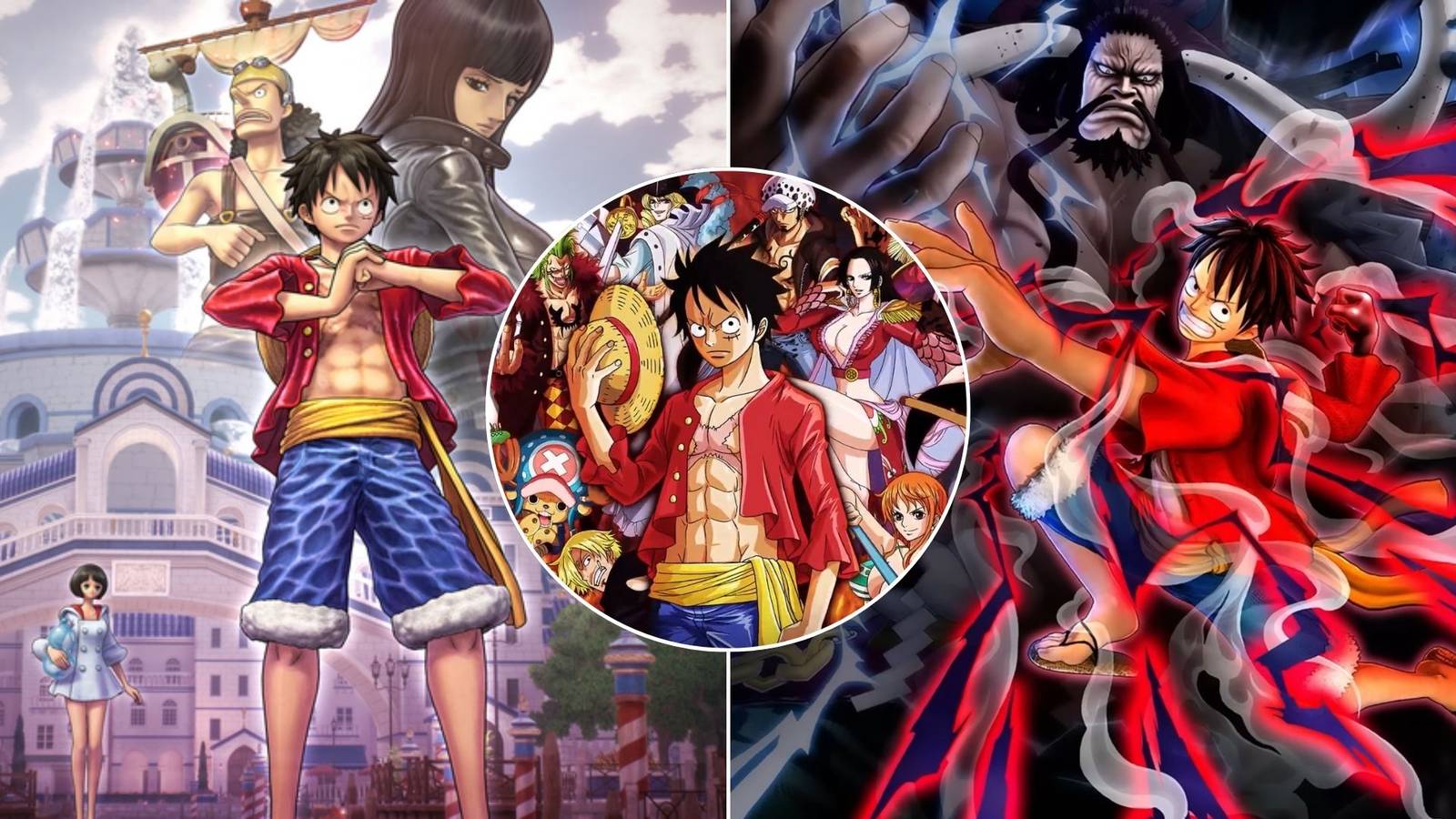 A collage of three great One Piece: Odyssey, Great Pirate Colosseum and Pirate Warriors 4.