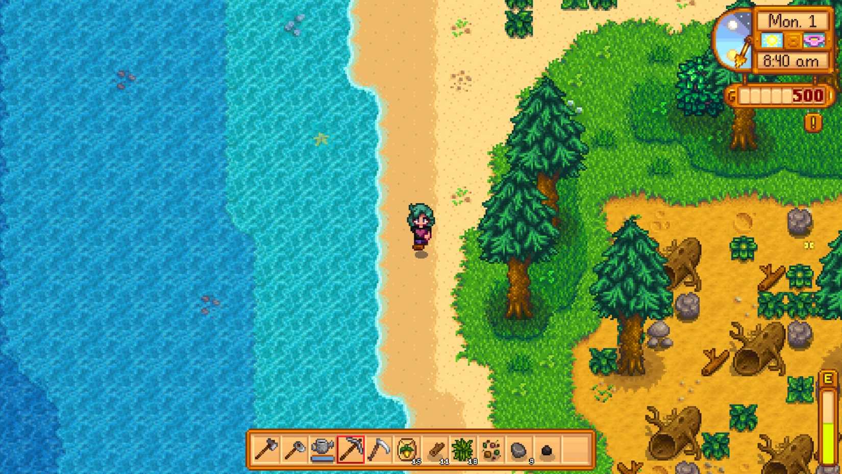 Explore a beach in Stardew Valley
