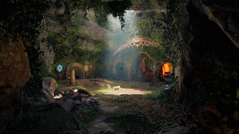 Exploring a cave in Avowed