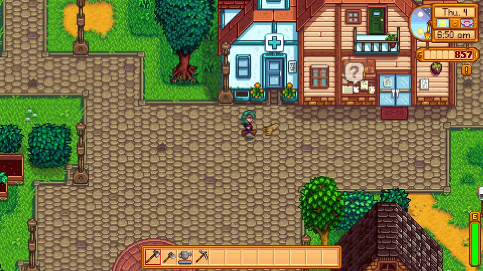 Exploring town in Stardew Valley