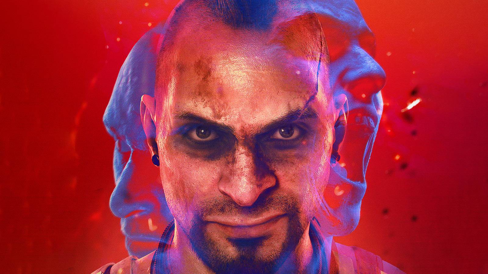 Far Cry Vaas looking crazy on red background with screaming blue head visages 16x9 composite