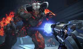 Fighting a giant demon in doom eternal