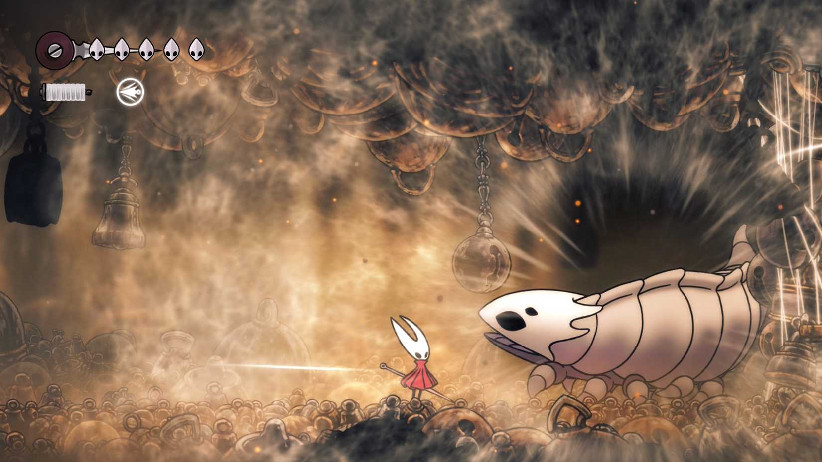 Fighting Bell Beast boss in Hollow Knight Silksong
