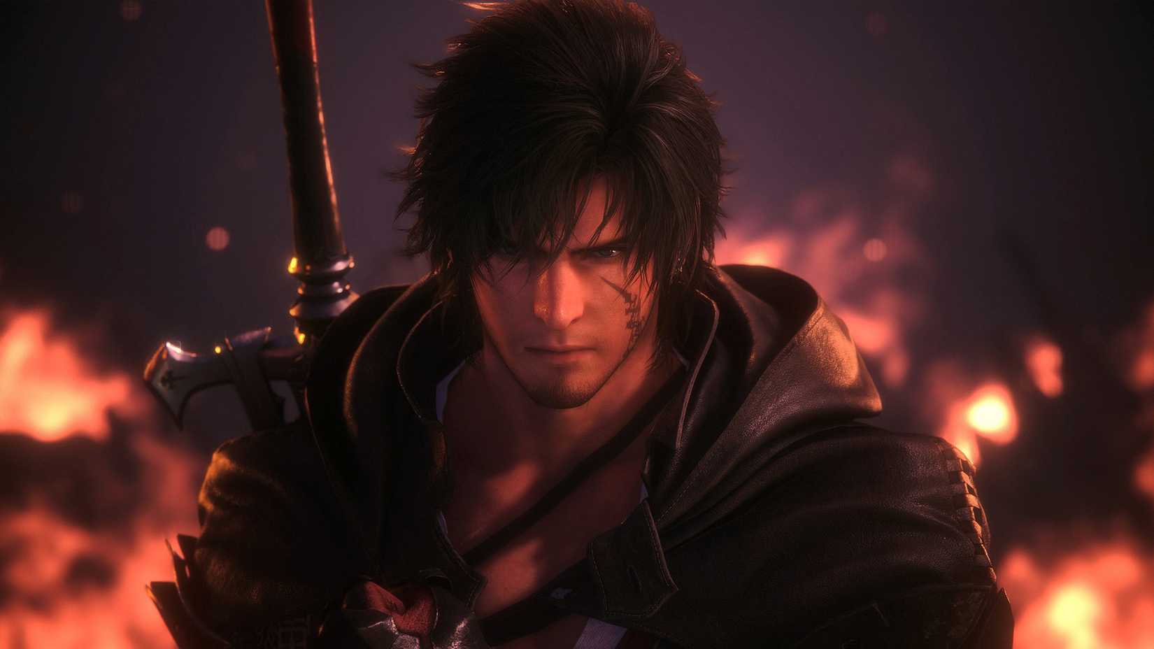 Final Fantasy 16 Clive Rosfield with flames behind him