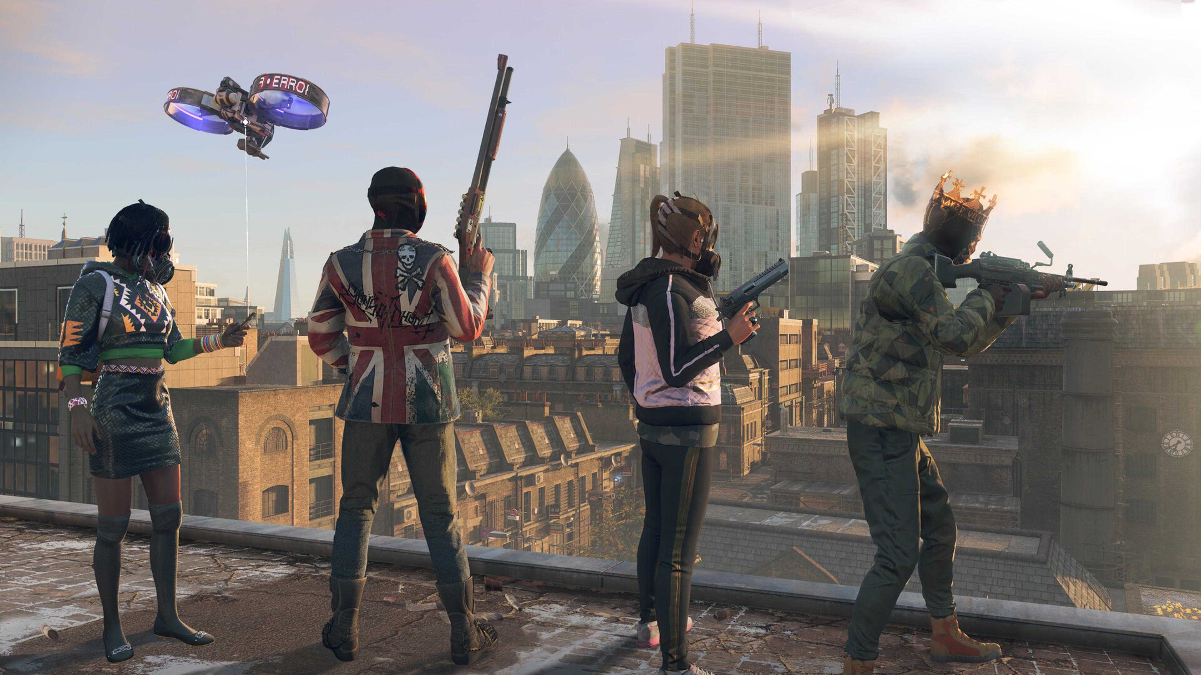 Four characters standing on a rooftop in Watch Dogs Legion