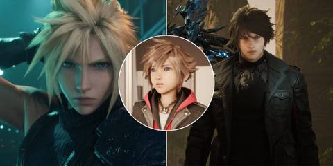 A collage of three main characters from action RPGs/character action games: Cloud Strife from Final Fantasy 7 Remake, Sora from Kingdom Hearts 4 and Kaser from Lost Soul Aside.