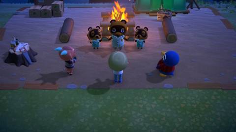 Gathered around a campfire in Animal Crossing New Horizons