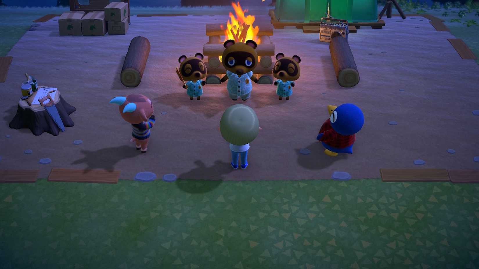 Gathered around a campfire in Animal Crossing New Horizons