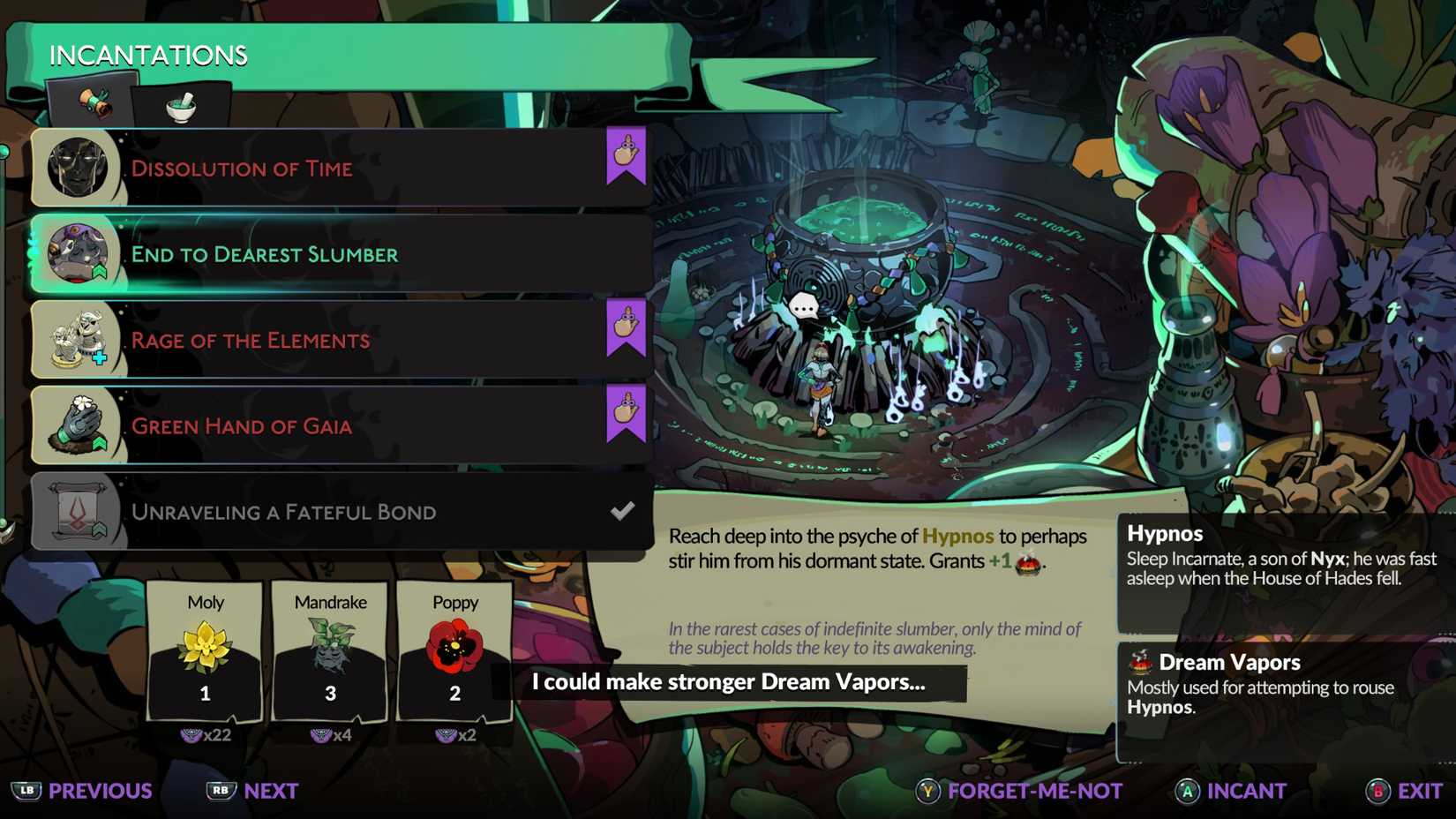 Hades 2 Wake Up Hypnos Guide Dream Vapors End to Dearest Slumber Incantation Materials
