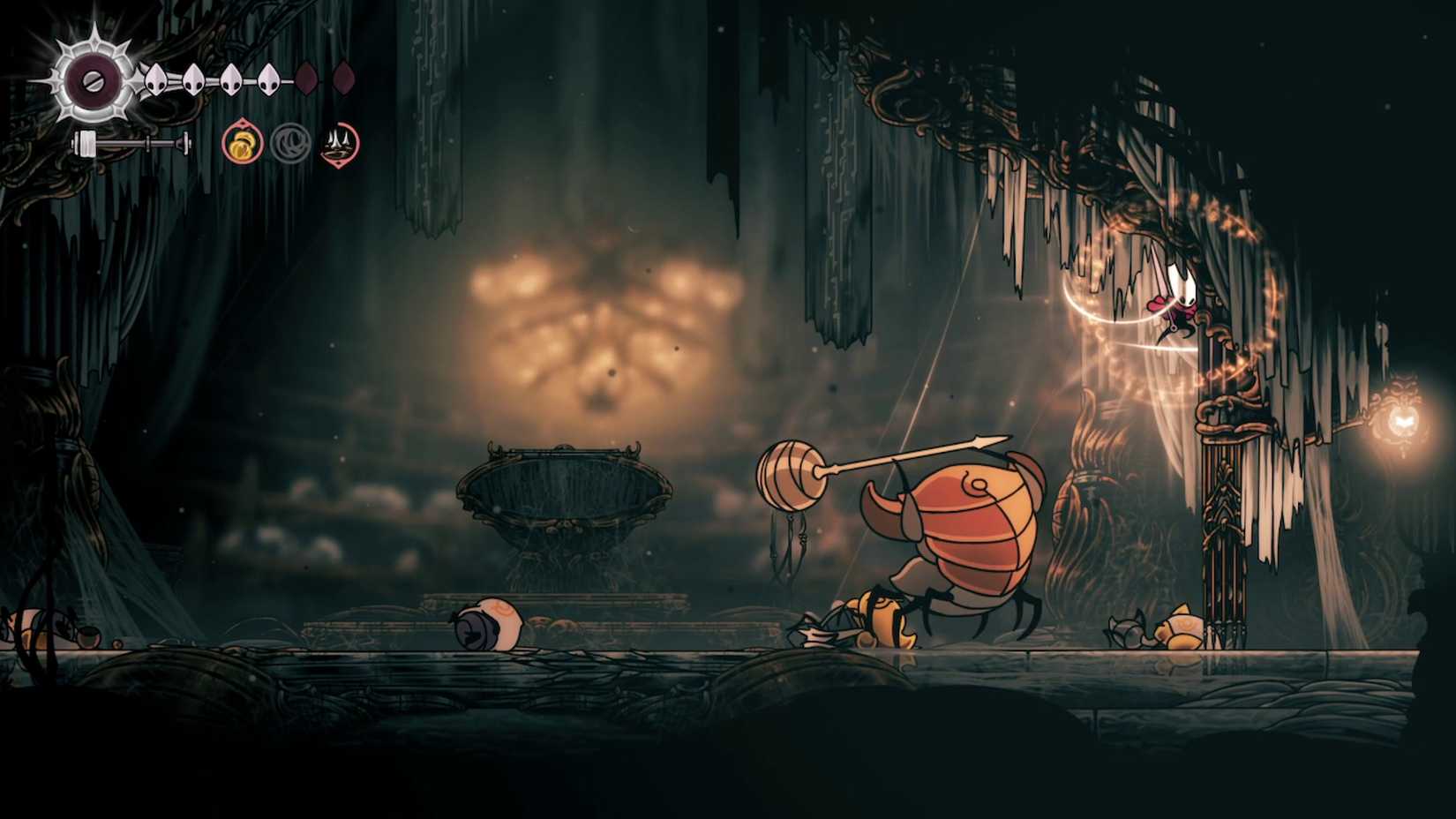 cura no canto superior esquerdo da manopla dos altos salões em Silksong Silksong High Halls Gauntlet Guia Completo | Dropraro