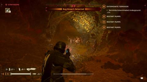 The Player Lighting Up A Terminid Tunnel 