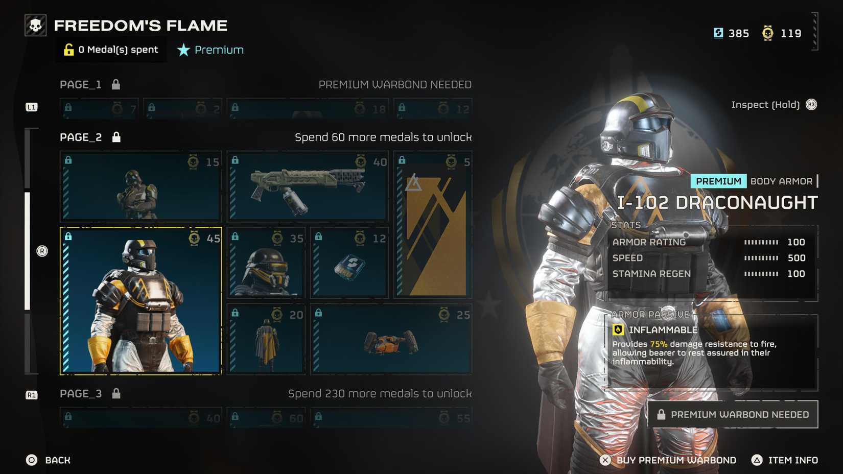 The I-102 Draconaught Armor in the Warbond Menu 