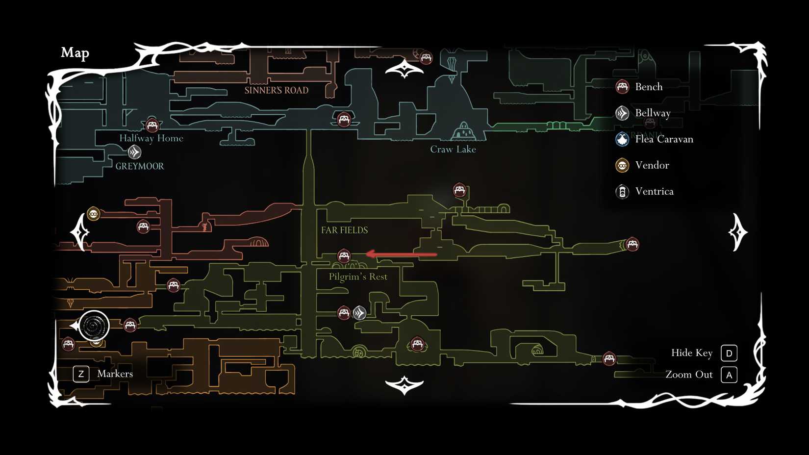 Hollow Knight-HK-Silksong-Como-Chegar-aos-Campos-Distantes-Área-Secreta-Mapa-de-Rota - Conecte-se ao Descanso do Peregrino Dropraro - Como chegar à área secreta de Far Fields em Silksong