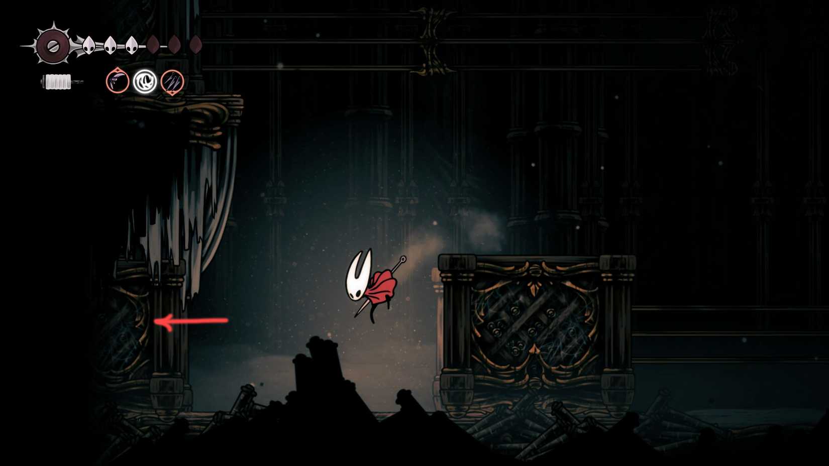 Hollow Knight, HK Silksong, onde encontrar o óleo pálido, localização, como obter o óleo Pinmaster, missão Whispering Vault, quebra-cabeça, sala oeste, solução - passo 1