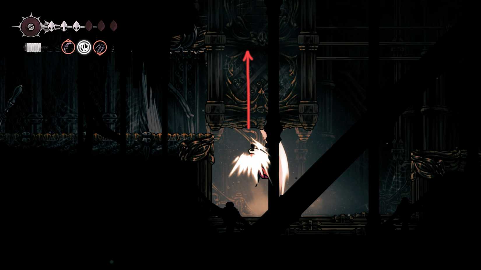 Hollow Knight, HK Silksong, onde encontrar o óleo pálido, localização, como obter o óleo Pinmaster, missão Whispering Vault, quebra-cabeça, sala oeste, solução - passo 10