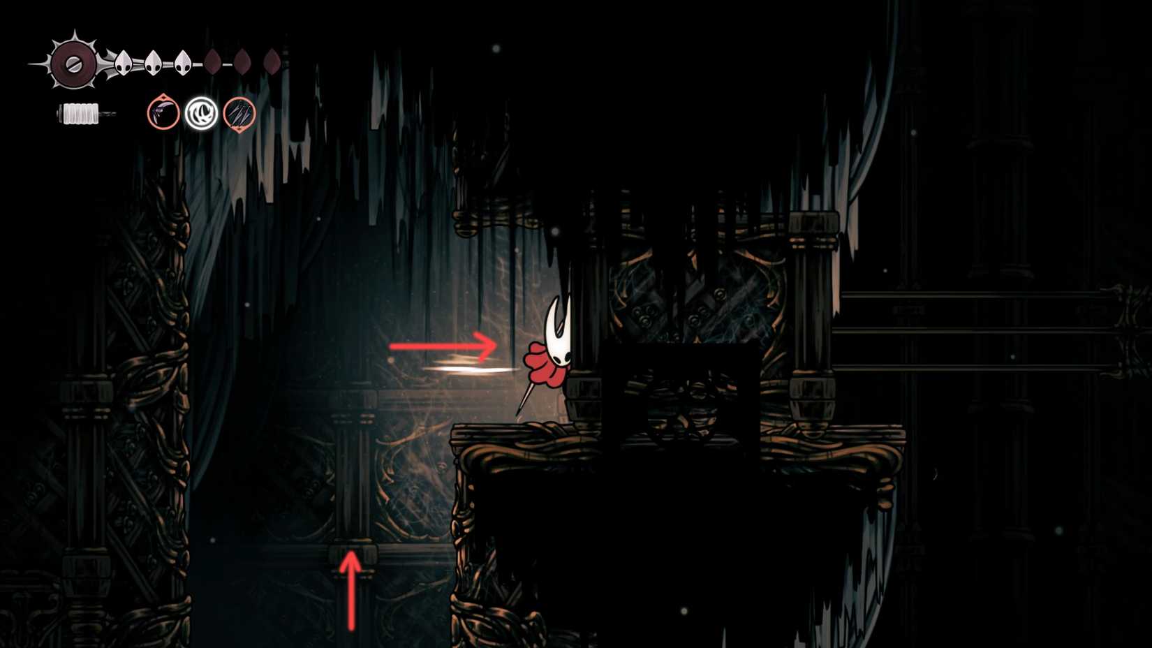 Hollow Knight, HK Silksong, onde encontrar o óleo pálido, localização, como obter o óleo Pinmaster, missão Whispering Vault, quebra-cabeça, sala oeste, solução - passo 2