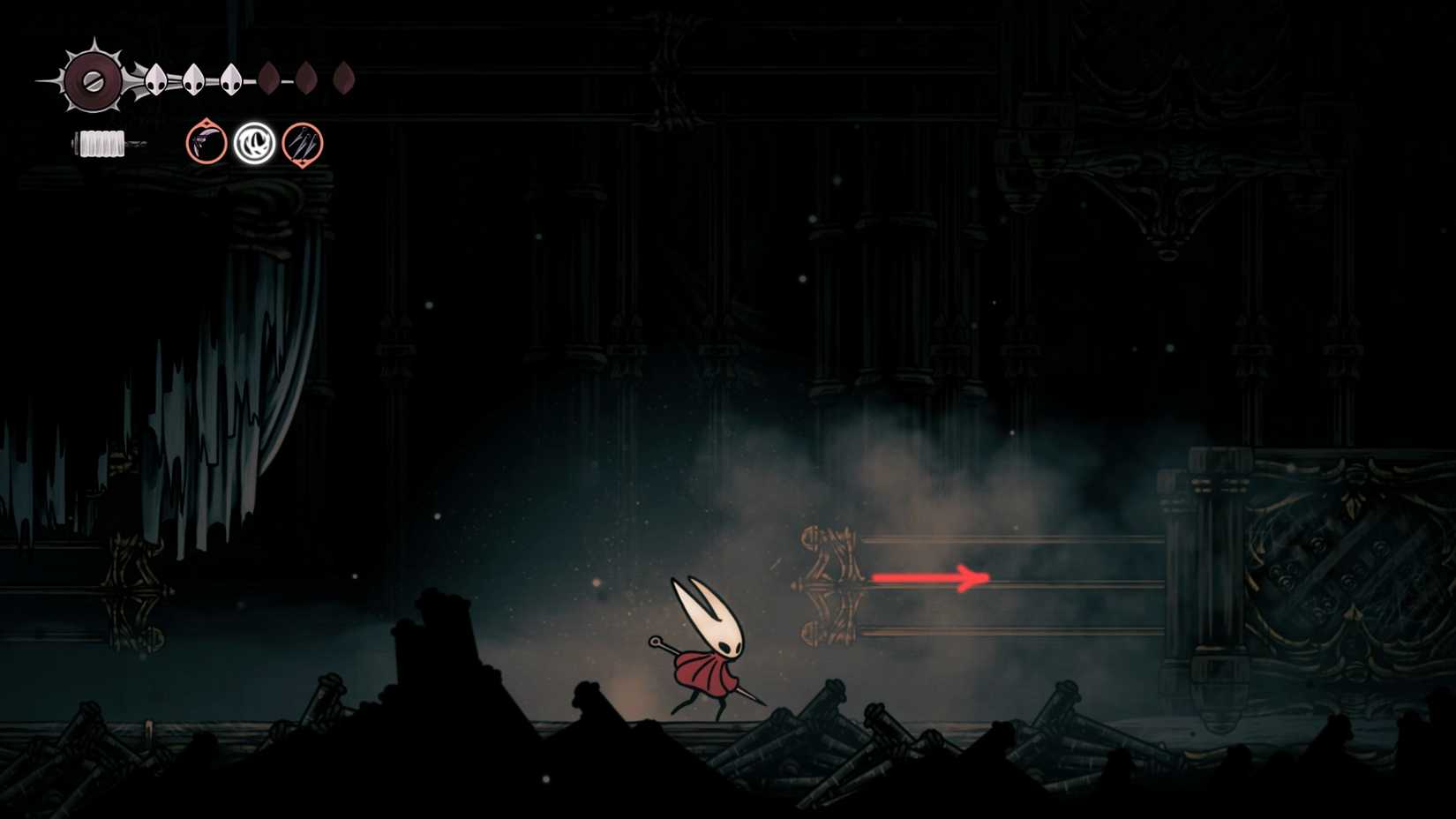 Hollow Knight, HK Silksong, onde encontrar o óleo pálido, localização, como obter o óleo Pinmaster, missão Whispering Vault, quebra-cabeça, sala oeste, solução - passo 3