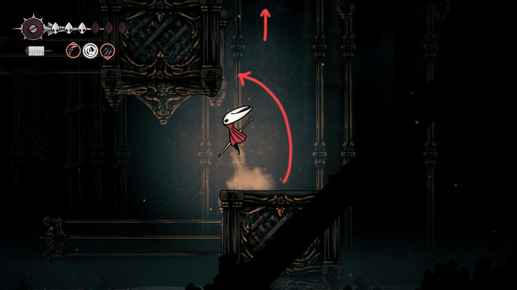 Hollow Knight, HK Silksong, onde encontrar o óleo pálido, localização, como obter o óleo Pinmaster, missão Whispering Vault, quebra-cabeça, sala oeste, solução - passo 4