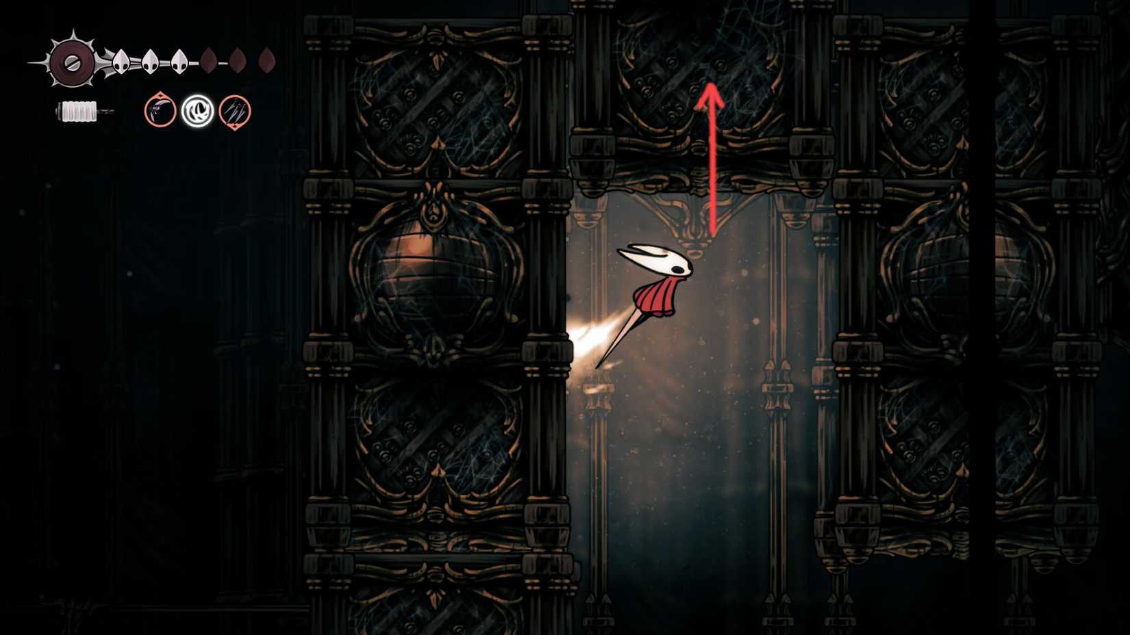 Hollow Knight, HK Silksong, onde encontrar o óleo pálido, localização, como obter o óleo Pinmaster, missão Whispering Vault, quebra-cabeça, sala oeste, solução - passo 5