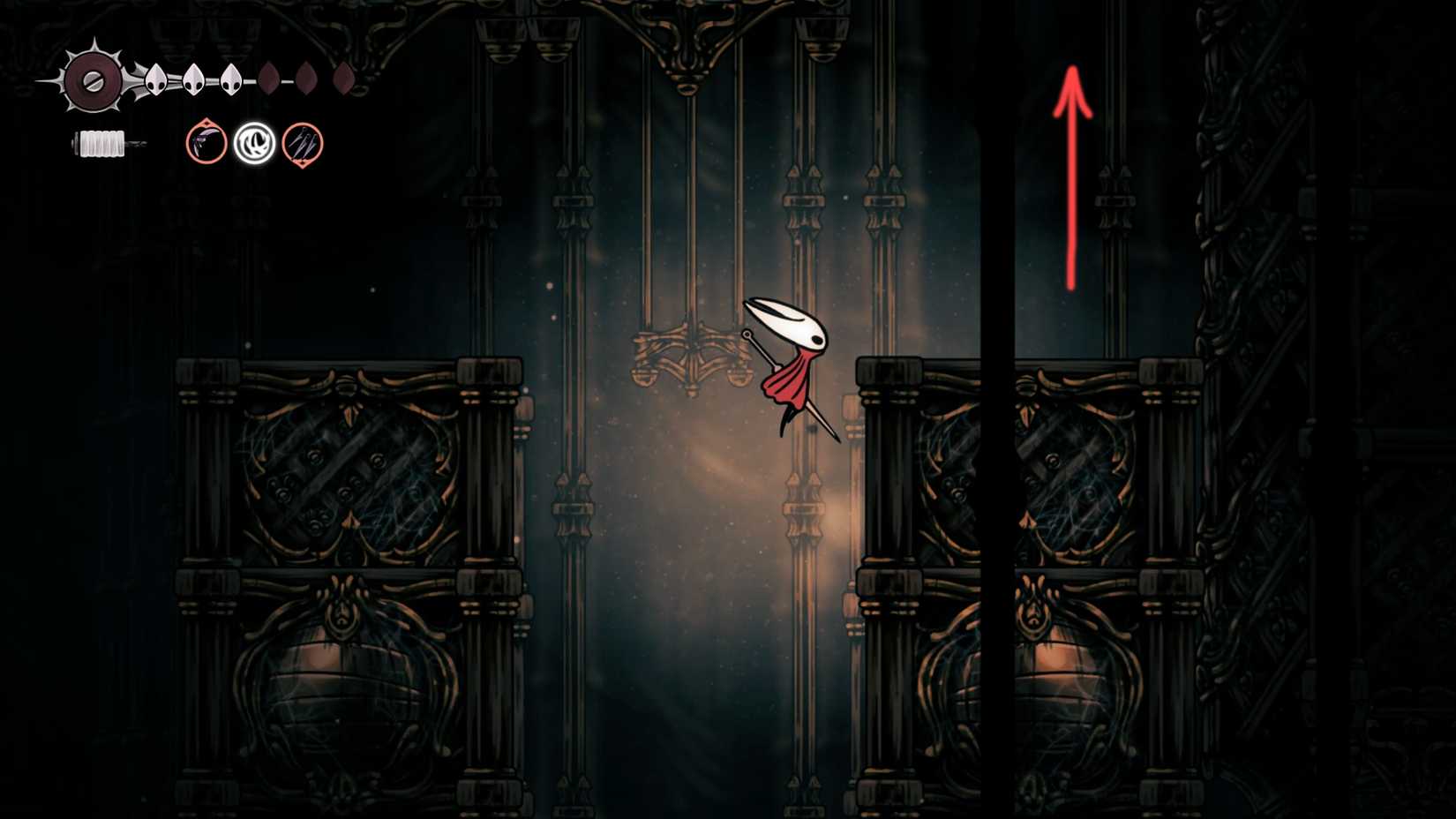 Hollow Knight, HK Silksong, onde encontrar o óleo pálido, localização, como obter o óleo Pinmaster, missão Whispering Vault, quebra-cabeça, sala oeste, solução - passo 6