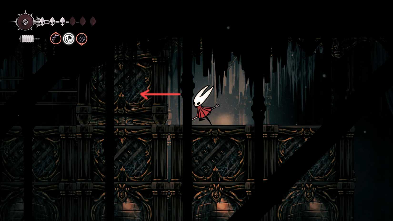 Hollow Knight, HK Silksong, onde encontrar o óleo pálido, localização, como obter o óleo Pinmaster, missão Whispering Vault, quebra-cabeça, sala oeste, solução - passo 7