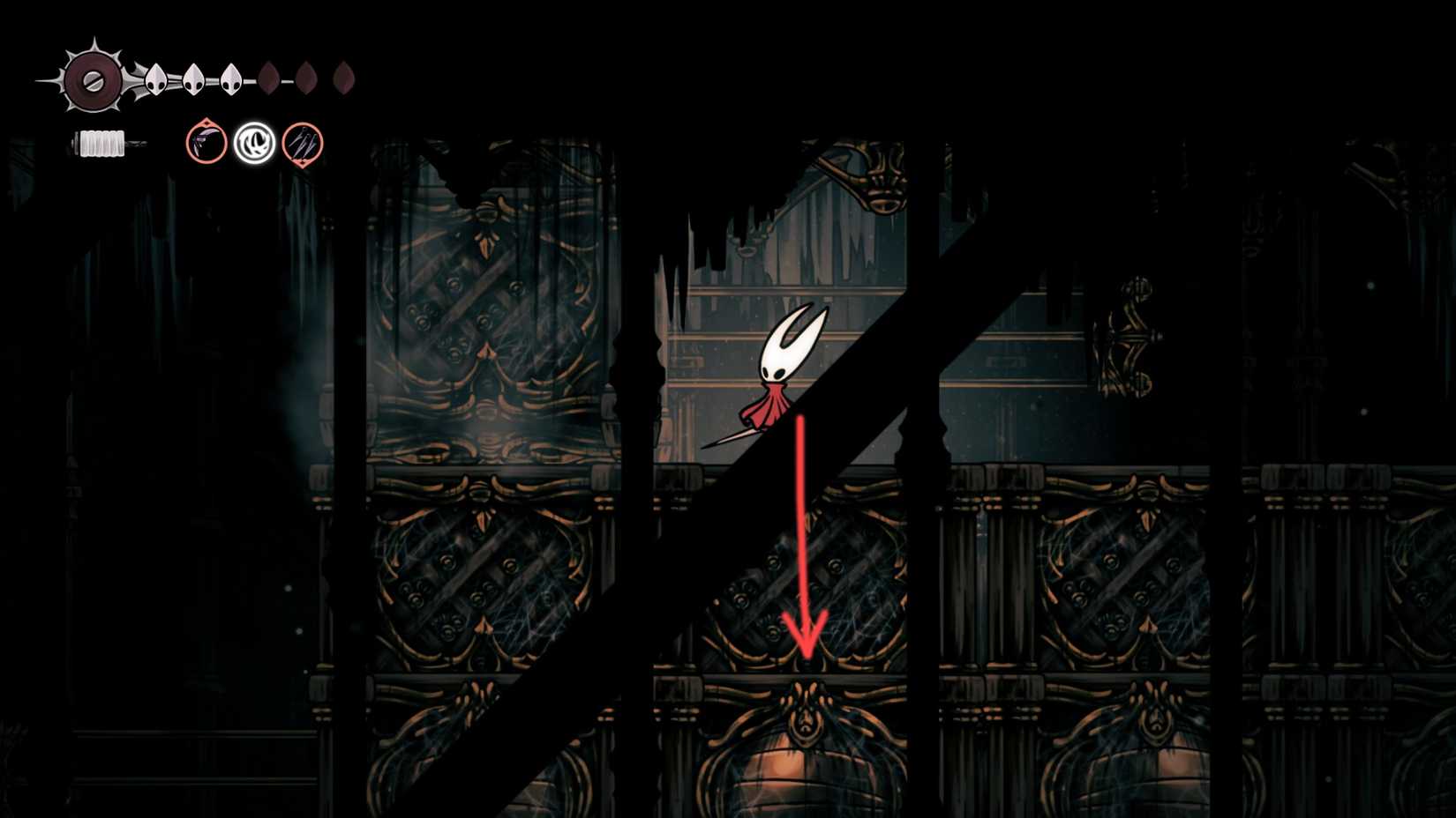 Hollow Knight, HK Silksong, onde encontrar o óleo pálido, localização, como obter o óleo Pinmaster, missão Whispering Vault, quebra-cabeça, sala oeste, solução - passo 8