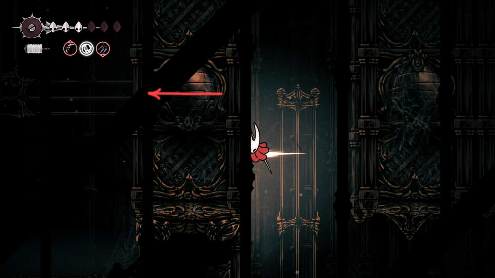 Hollow Knight, HK Silksong, onde encontrar o óleo pálido, localização, como obter o óleo Pinmaster, missão Whispering Vault, quebra-cabeça, sala oeste, solução - passo 9