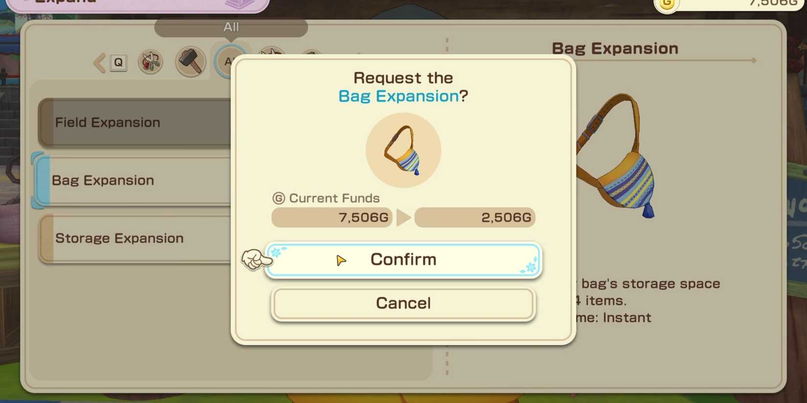 how to expand bag story of seasons grand bazaar 