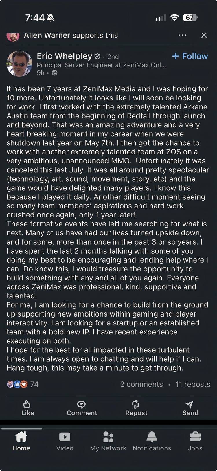 Eric Whelpley LinkedIn ZeniMax MMO comment