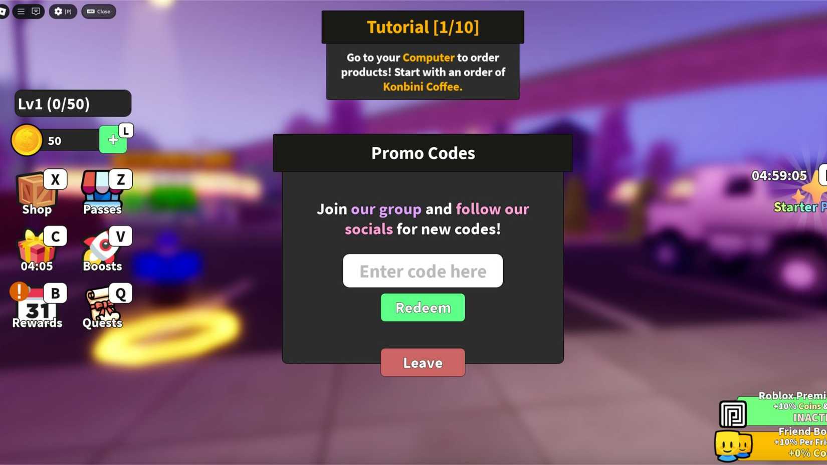 Japanese Supermarket Simulator the codes tab