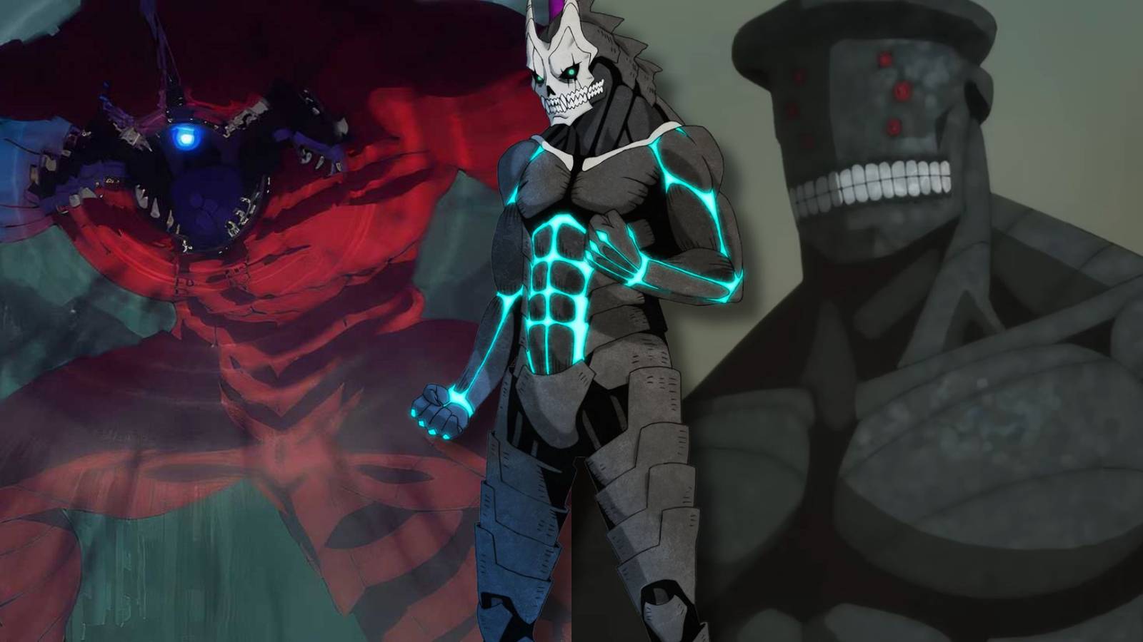 A collage of three powerful Kaiju from the Kaiju No. 8 manga: Kaiju No. 10, Kaiju No. 8 (Kafka Hibino) and Kaiju No. 9.