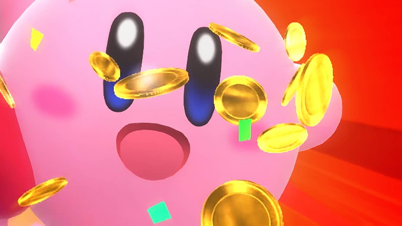 Kirby Air Riders coins in front of Kirby's face 16x9 composite
