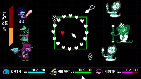 Kris, Ralsei and Susie avoids some enemies' projectiles - Deltarune