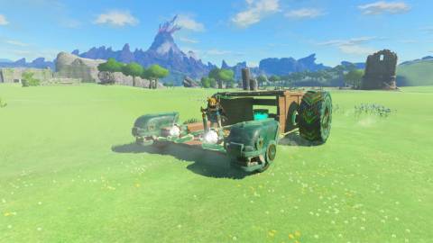 Link exploring the open world in one of the vehicles he built - The Legend of Zelda Tears of the Kingdom