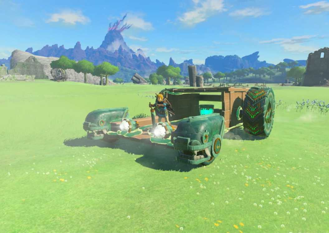 Link exploring the open world in one of the vehicles he built - The Legend of Zelda Tears of the Kingdom