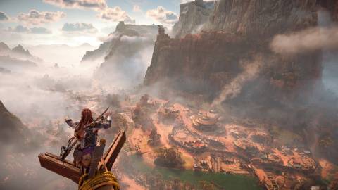 Looking over a valley in Horizon Forbidden West