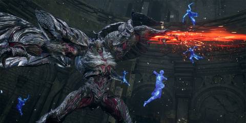 Official gameplay screenshot of Lost Soul Aside, showing Kaser defeating a giant Voidrax boss.