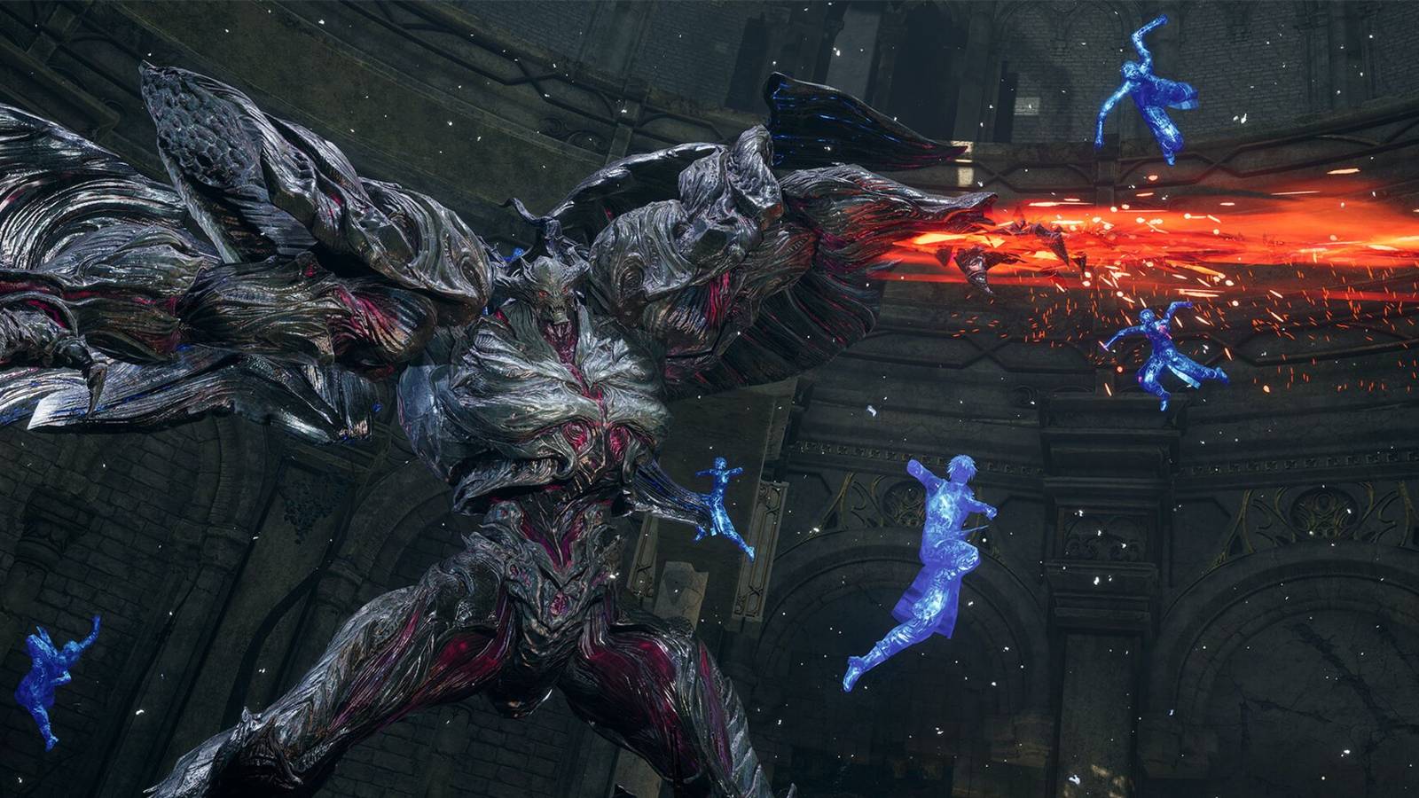 Official gameplay screenshot of Lost Soul Aside, showing Kaser defeating a giant Voidrax boss.