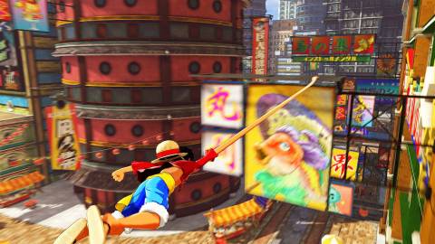 Luffy swinging through the city with his powers - One Piece World Seeker