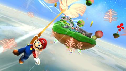 Mario gliding on a dandelion in Gusty Garden Galaxy - Super Mario Galaxy