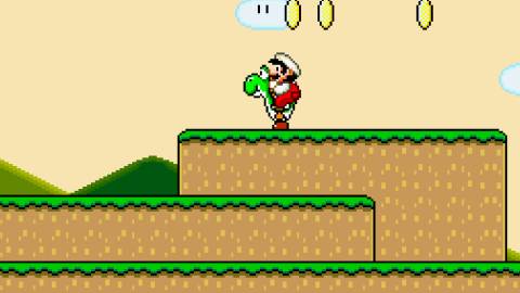 Mario on Yoshi in a level in Super Mario World (SNES)