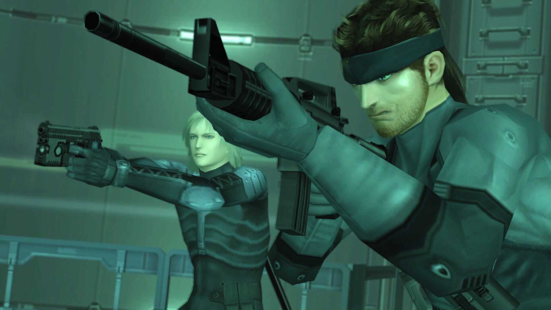 Metal Gear Solid 2: Snake dan Raiden dengan senjata teracung