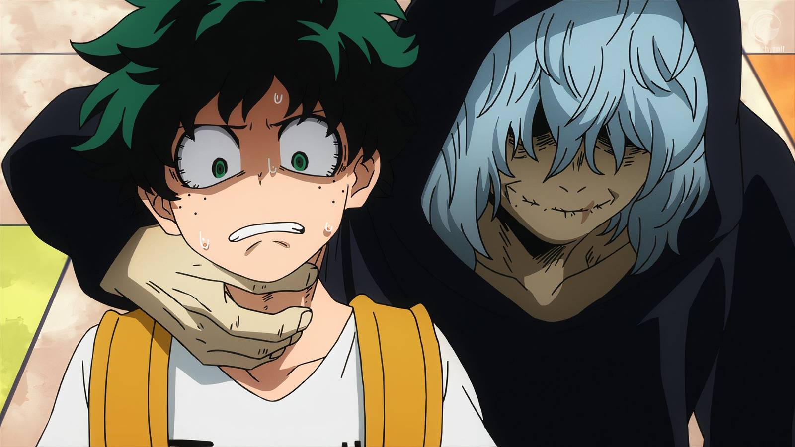 Shigaraki grabbing Deku's neck