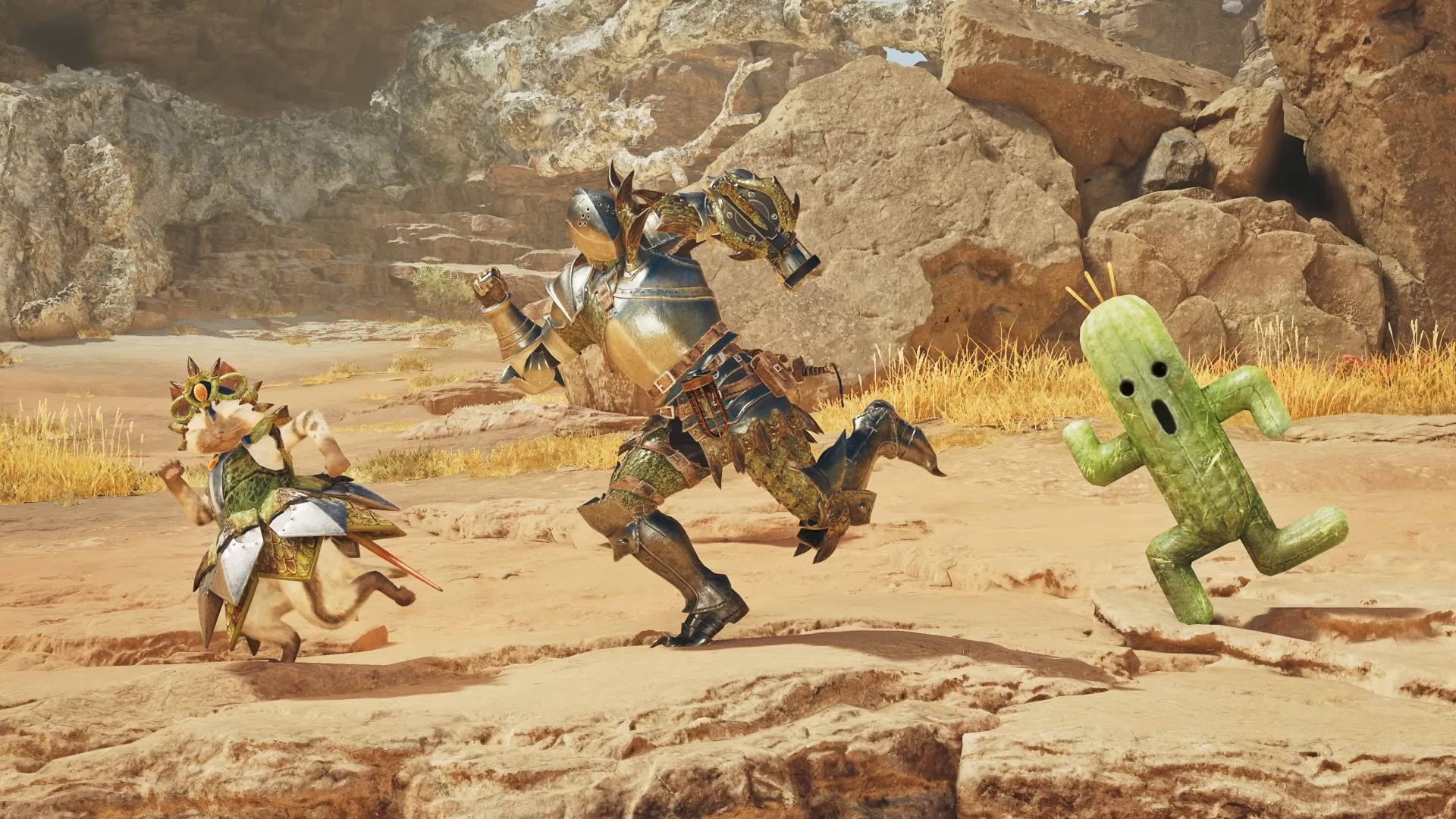 Personagem em pose de Cactuar no crossover de Final Fantasy 14 e Monster Hunter Wilds.