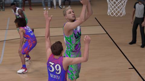 A MyCareer player going for a layup in NBA 2K26