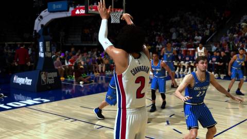 Cade Cunningham taking a 3 point shot in NBA 2K26