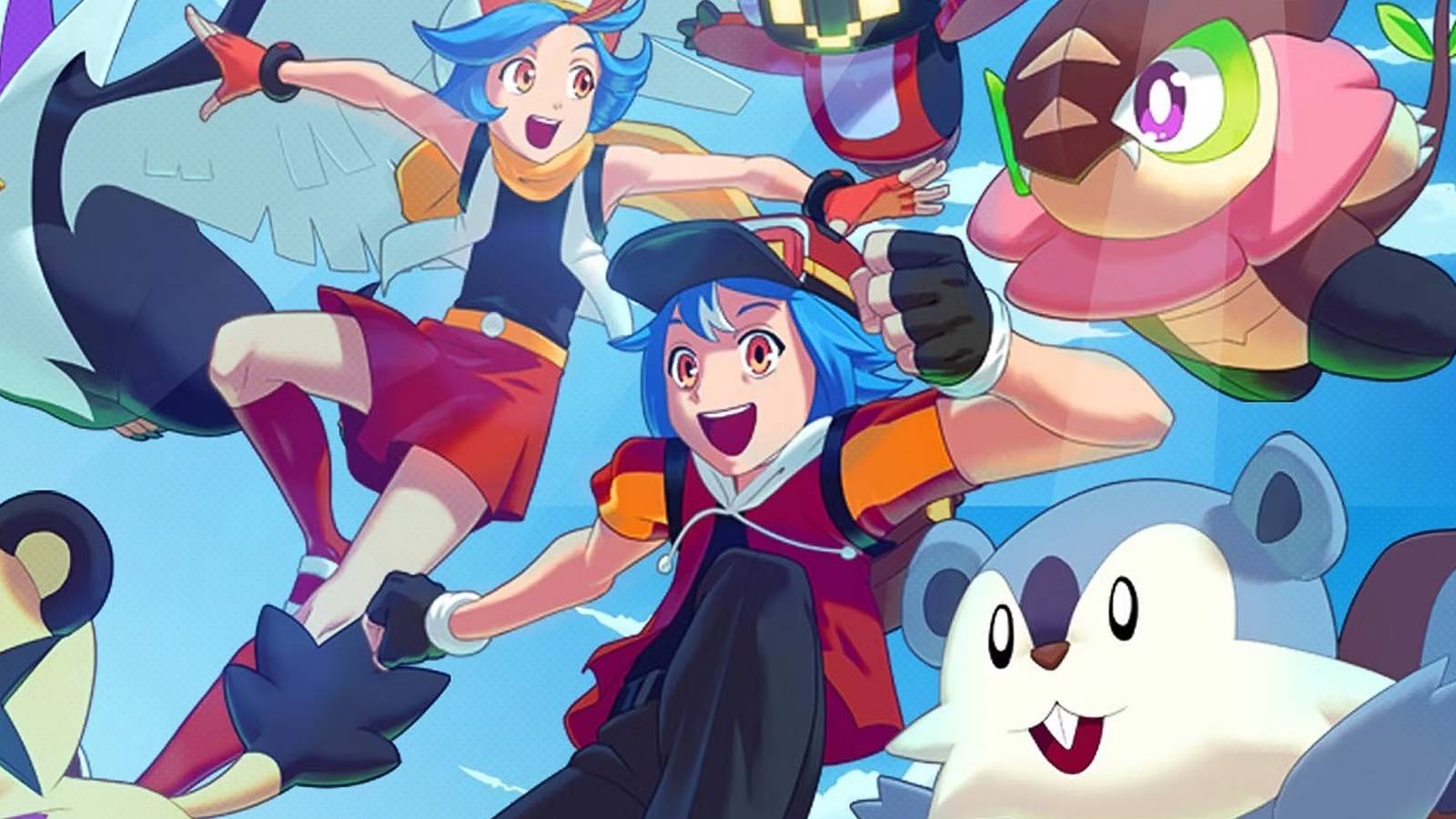 Nexomon Extinction key art characters with various creatures looking happy soaring through the air