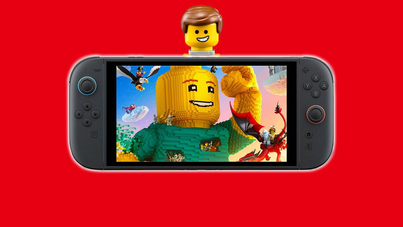 Nintendo Switch 2 displaying LEGO game art on red background smiling minifigs