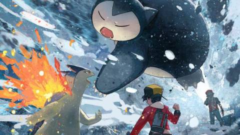 Official art of Ethan and Typhlosion fighting Red and Snorlax at Mt Silver - Pokemon HeartGold and SoulSilver