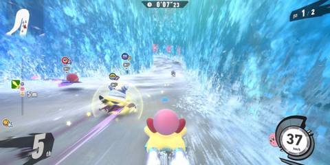 Official gameplay screenshot of a race - Kirby Air Riders
